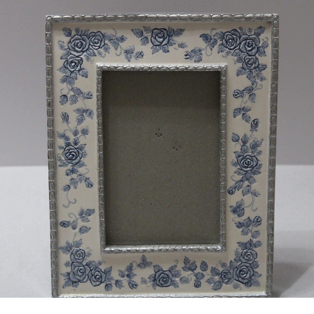 Vintage Style Blue Rose Floral Enamel Picture Frame Silver Tone 5x7 Tabletop
